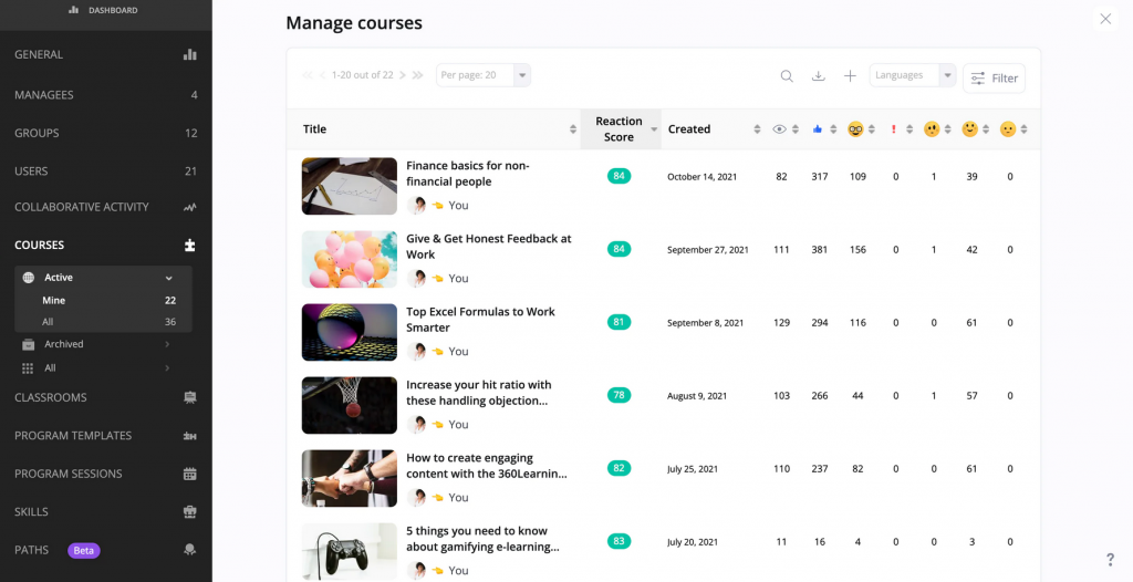 360Learning’s Course management interface