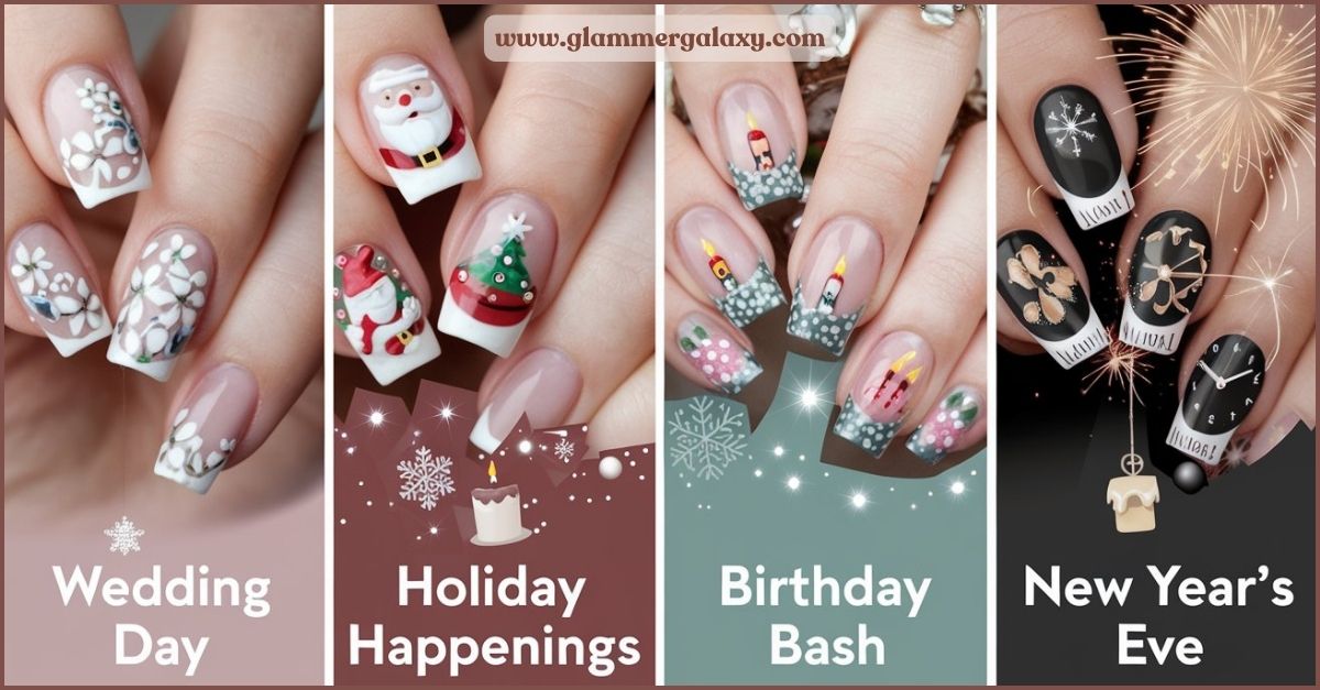 Three sets of nails with themed French tips for weddings, holidays, birthdays, and New Year’s Eve.