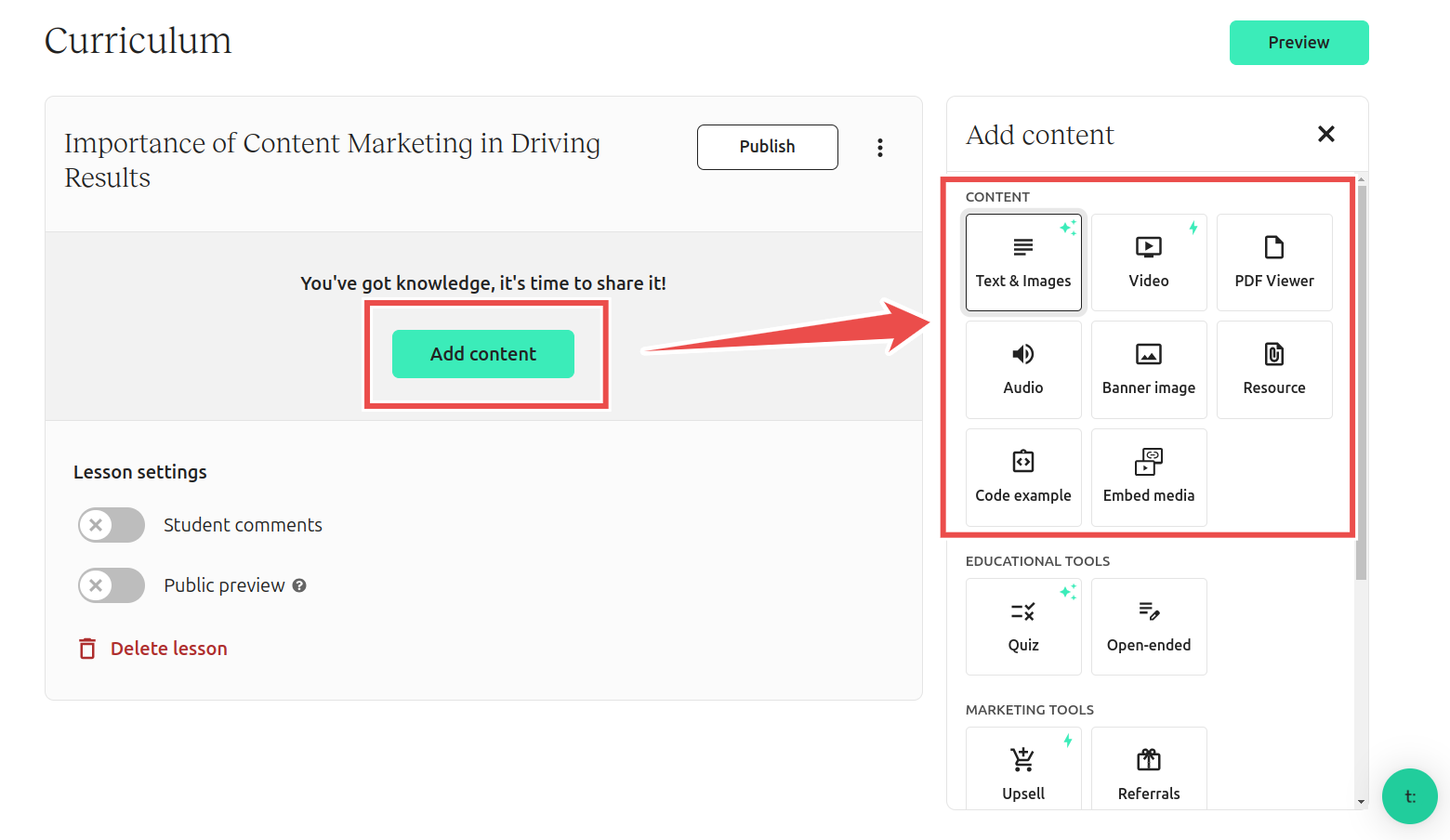 various content formats supported in Teachable