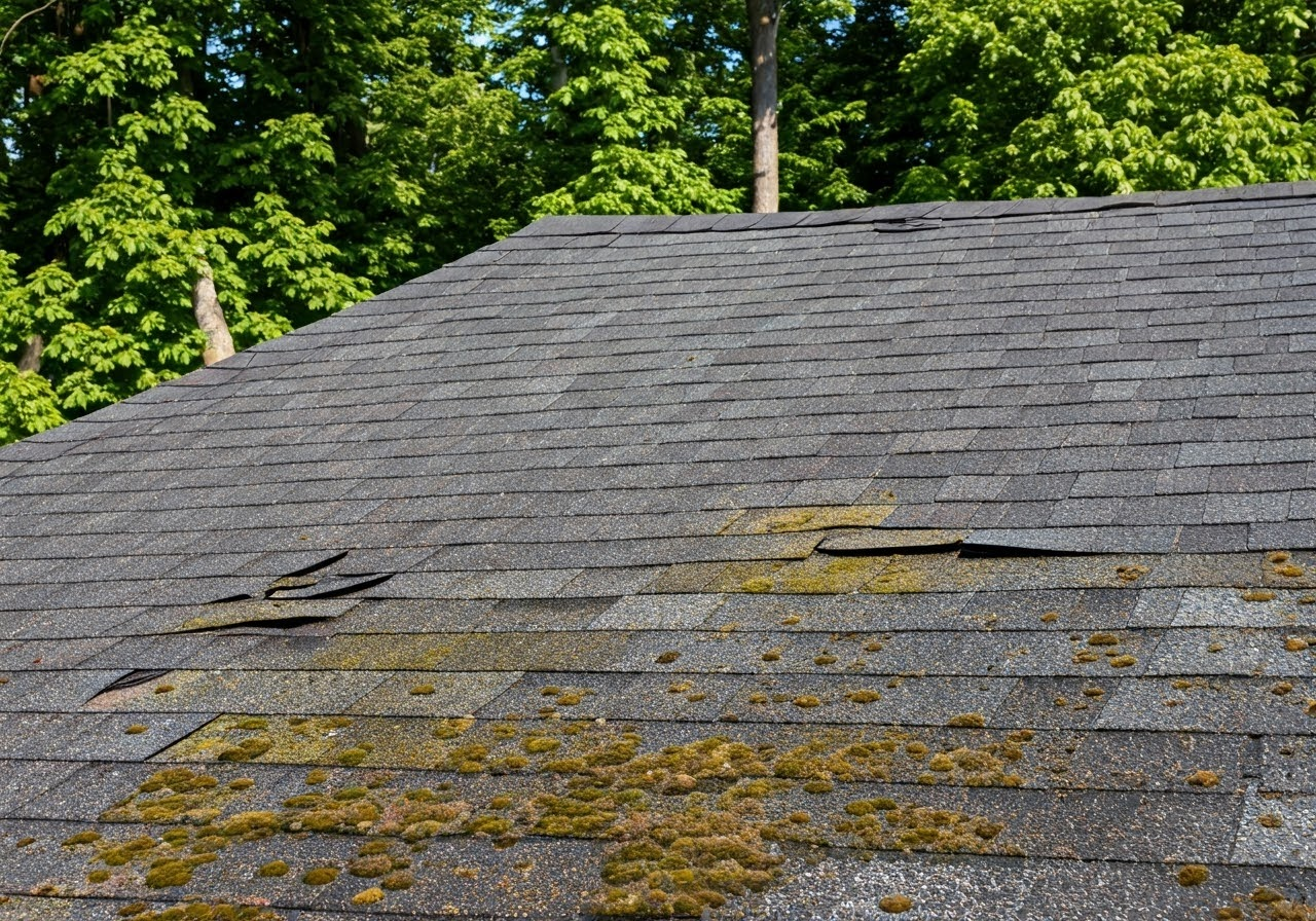 Close-up of damaged roof shingles