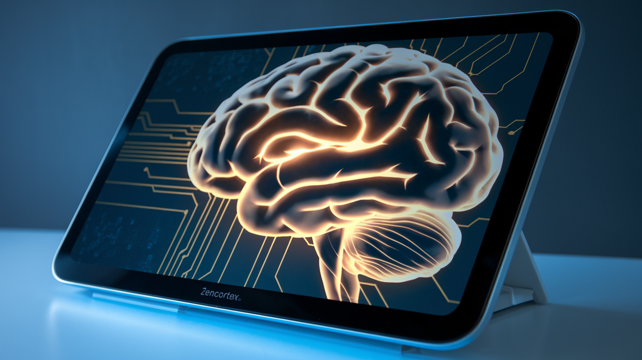 Create a realistic image of a close-up view of a human brain with glowing neural pathways, overlaid with digital circuits and zen-inspired patterns, displayed on a sleek modern device screen, with soft blue lighting highlighting the technology, and a small "ZenCortex" logo in the corner.