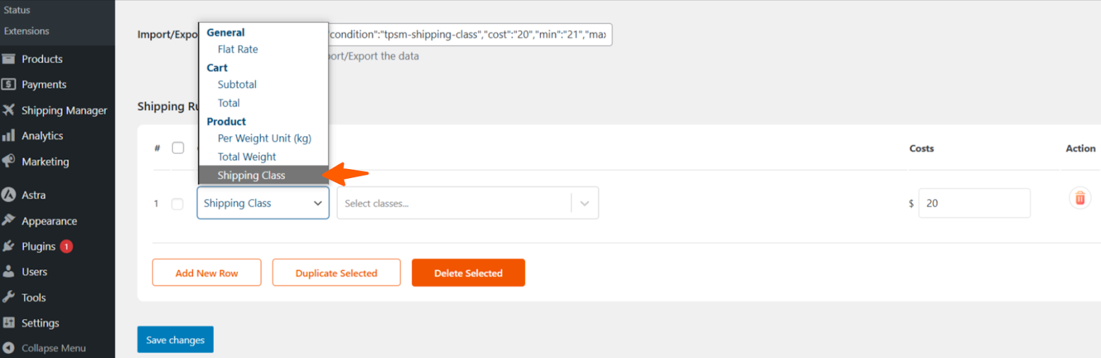 Selecting shipping class in shipping manager 