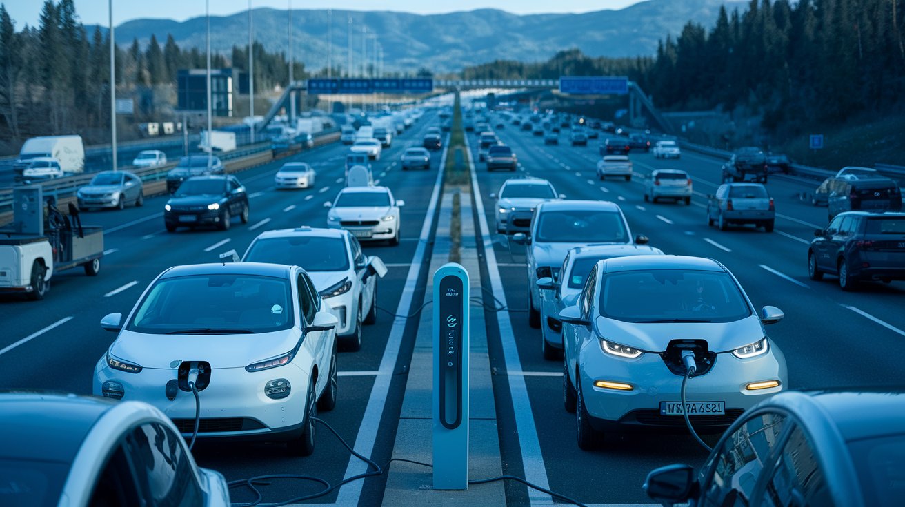 A busy highway filled with electric vehicles, some charging at rest stops.