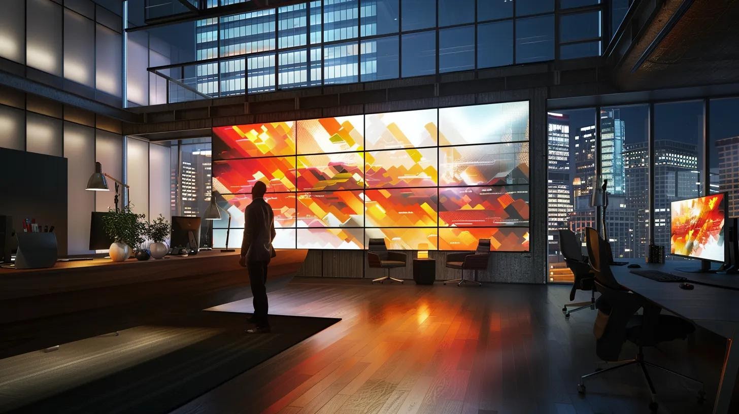 a sleek, modern office workspace features a large screen displaying a vibrant mobile-optimized website, with a focused professional examining its responsive design elements, encapsulating the essence of mobile-first strategies for enhanced search engine visibility.