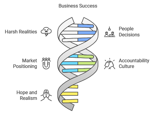 Diagrama em forma de DNA denominado "Sucesso nos negócios", com elementos-chave como "Realidades severas", "Posicionamento de mercado", "Esperança e realismo", "Decisões de pessoas" e "Cultura de responsabilidade".