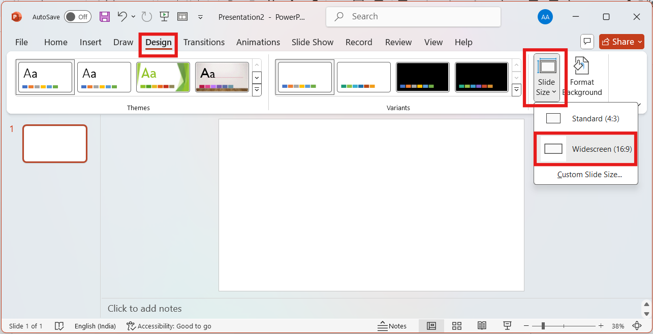 Choosing "Widescreen (16:9)" Slide Size under the Design menu in PowerPoint