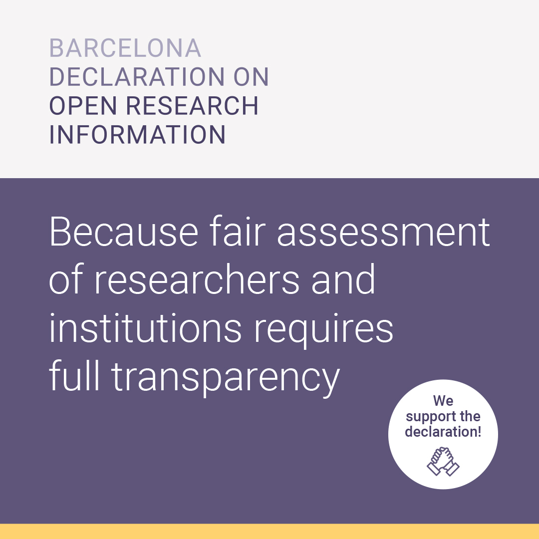 purple graphic with the text: Barcelona Declaration on Open research information. Because fair assessment of researchers and institutions requires full transparency.