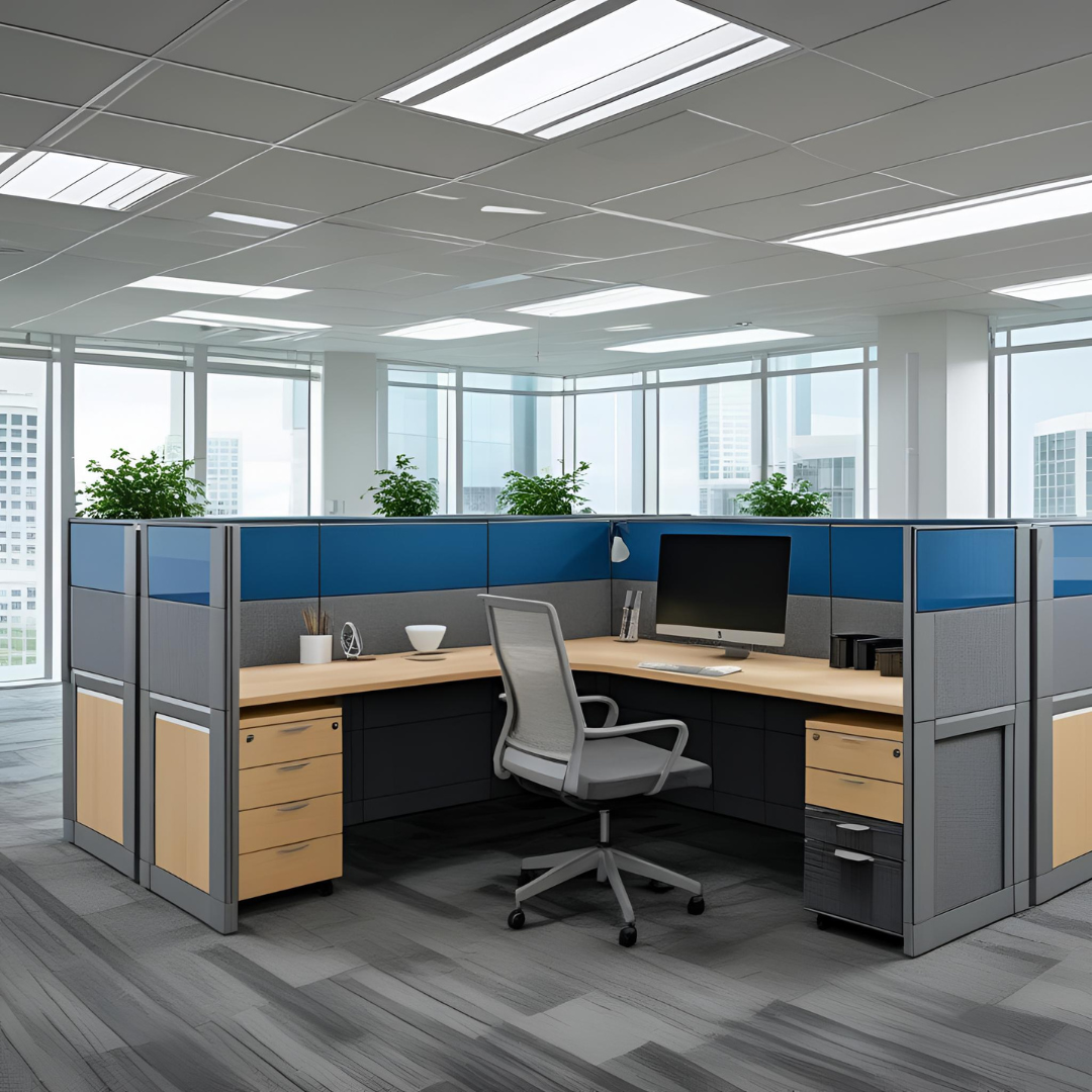 Modern office cubicle with a sleek desk, ergonomic chair, computer monitor, and storage drawers
