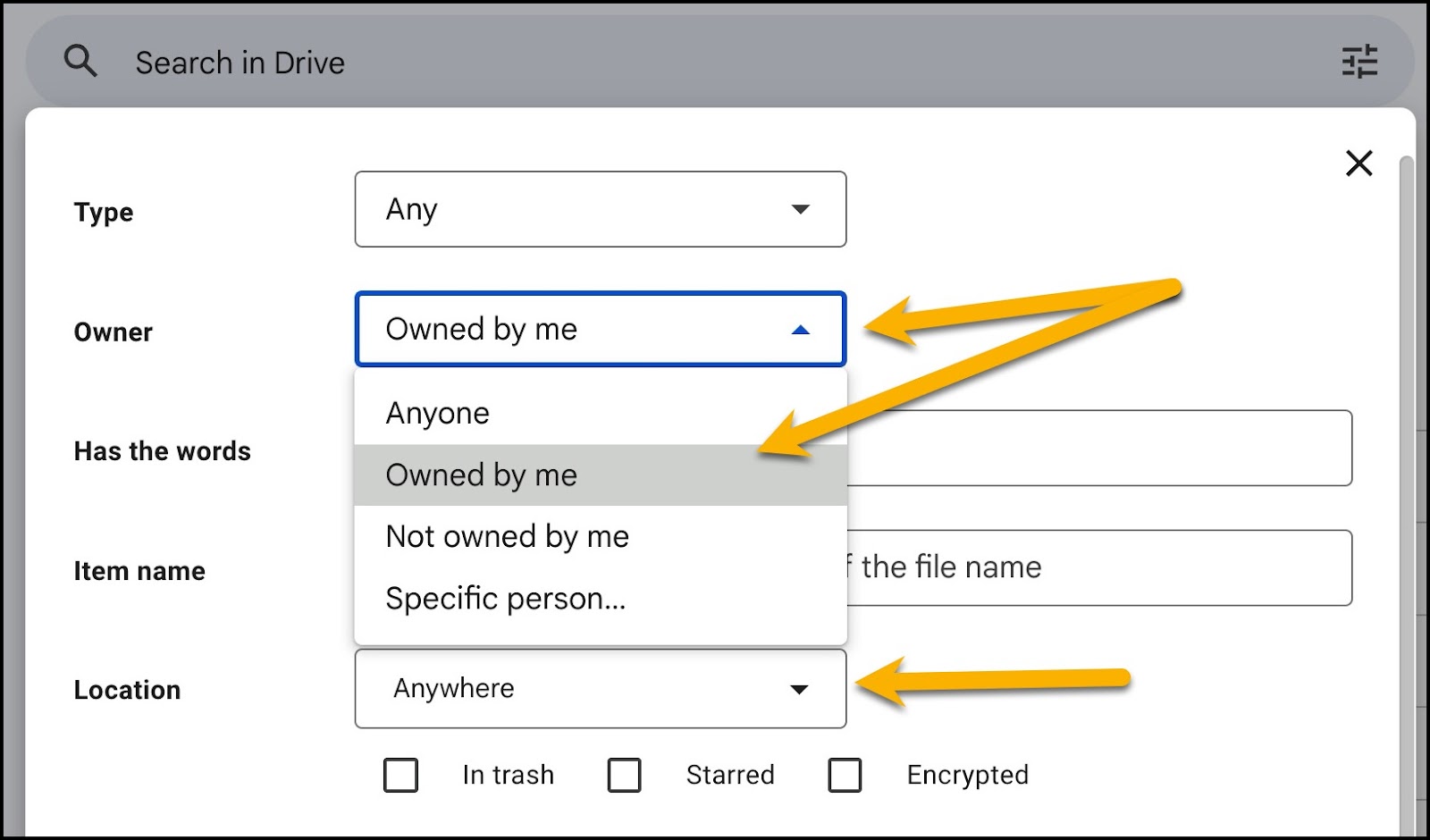 Google Drive Advanced Search dialog window with "Owned by me" being chosen from the drop-down field next to the work Owner.