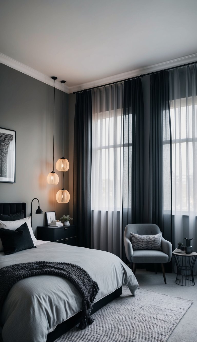 A bedroom with gray sheer drapes, black and gray decor, and a cozy atmosphere