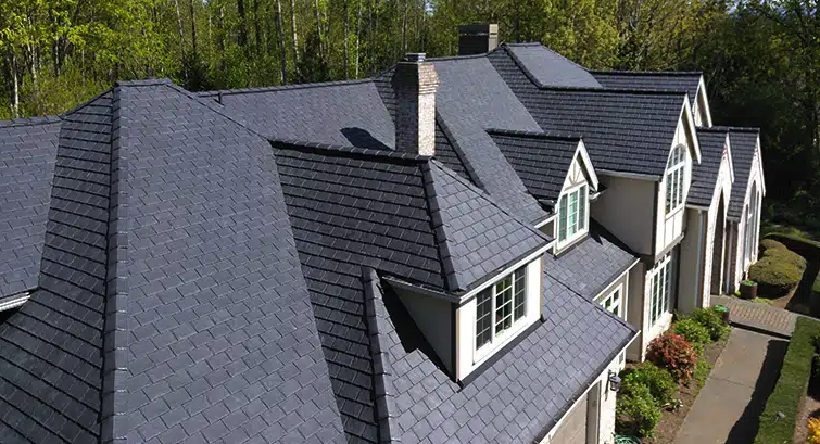Slate roofing materials in a roof installation, showcasing high durability and classic elegance, an option for premium roofing solutions.