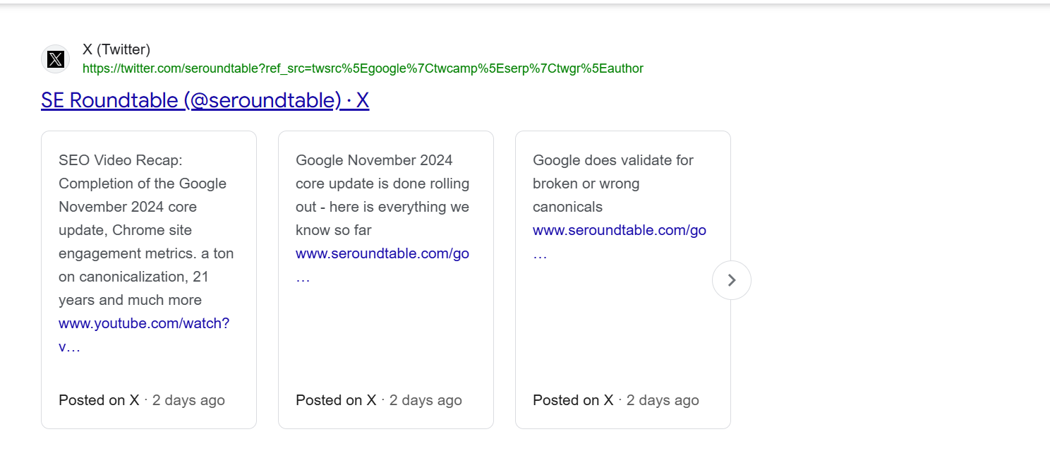 screenshot of SERP of Tweets by SE Roundtable