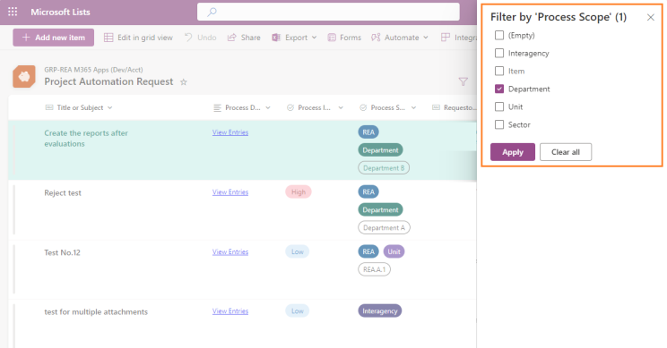 SPO list filter panel