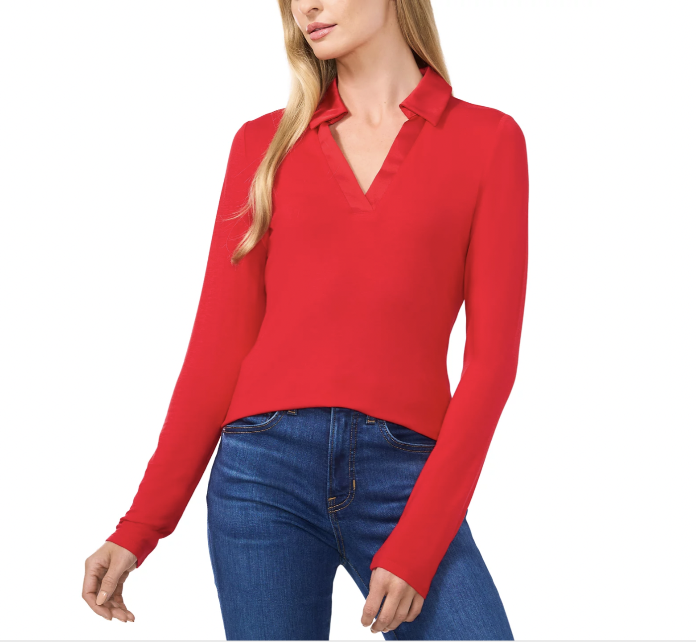 CeCe Woven-Collar Knit Long-Sleeve Top at Macy’s