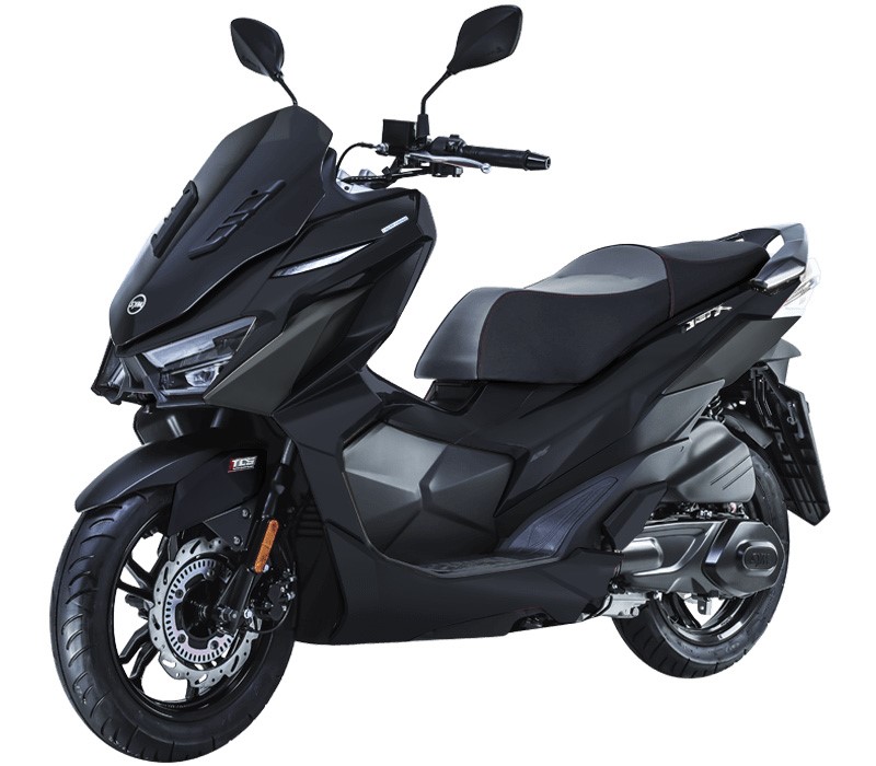 A black scooter with a white background

Description automatically generated