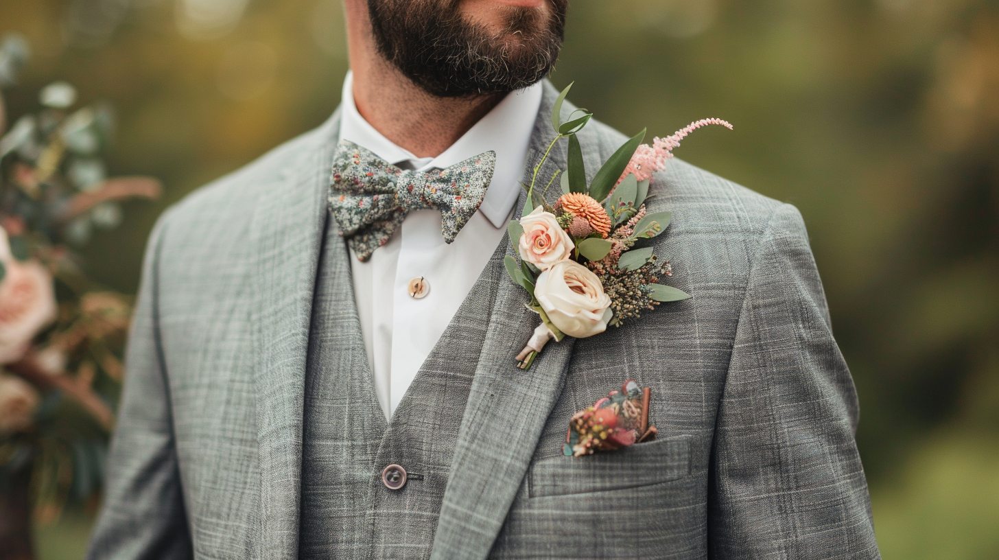 A man in a soft grey wedding suit with a boutonniere, standing outdoors at a ceremony, dressed with personal and seasonal touches
