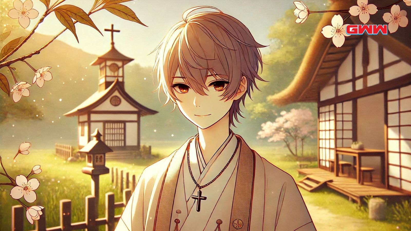 Anime character in traditional Japanese setting with a cross necklace.