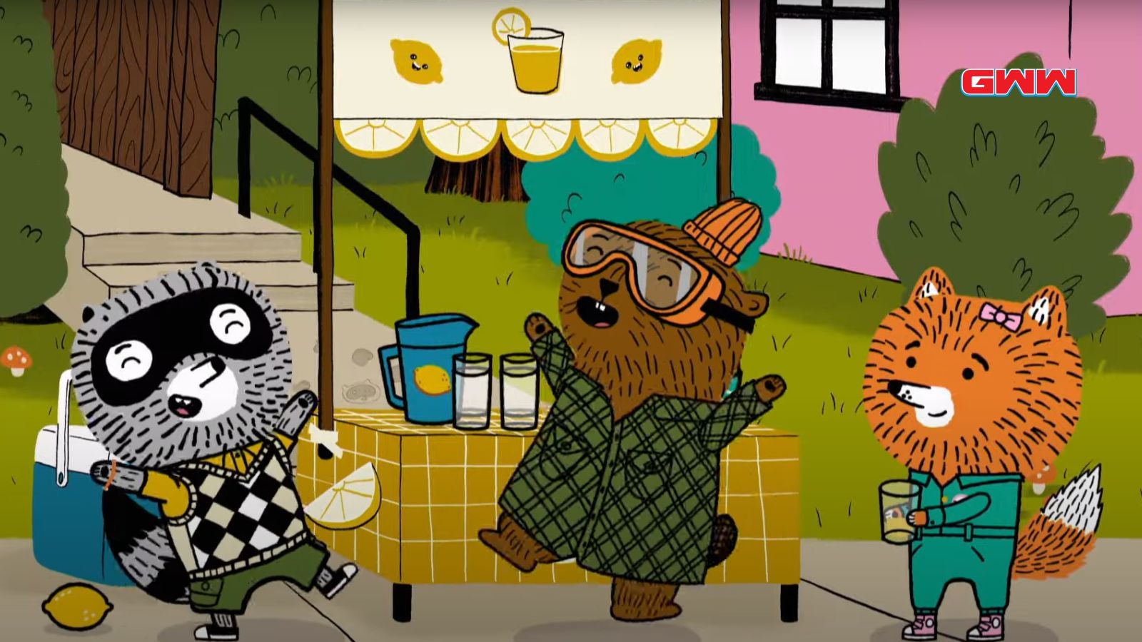 Carl the raccoon, Lotta the fox, and Sheldon the beaver at a lemonade stand.