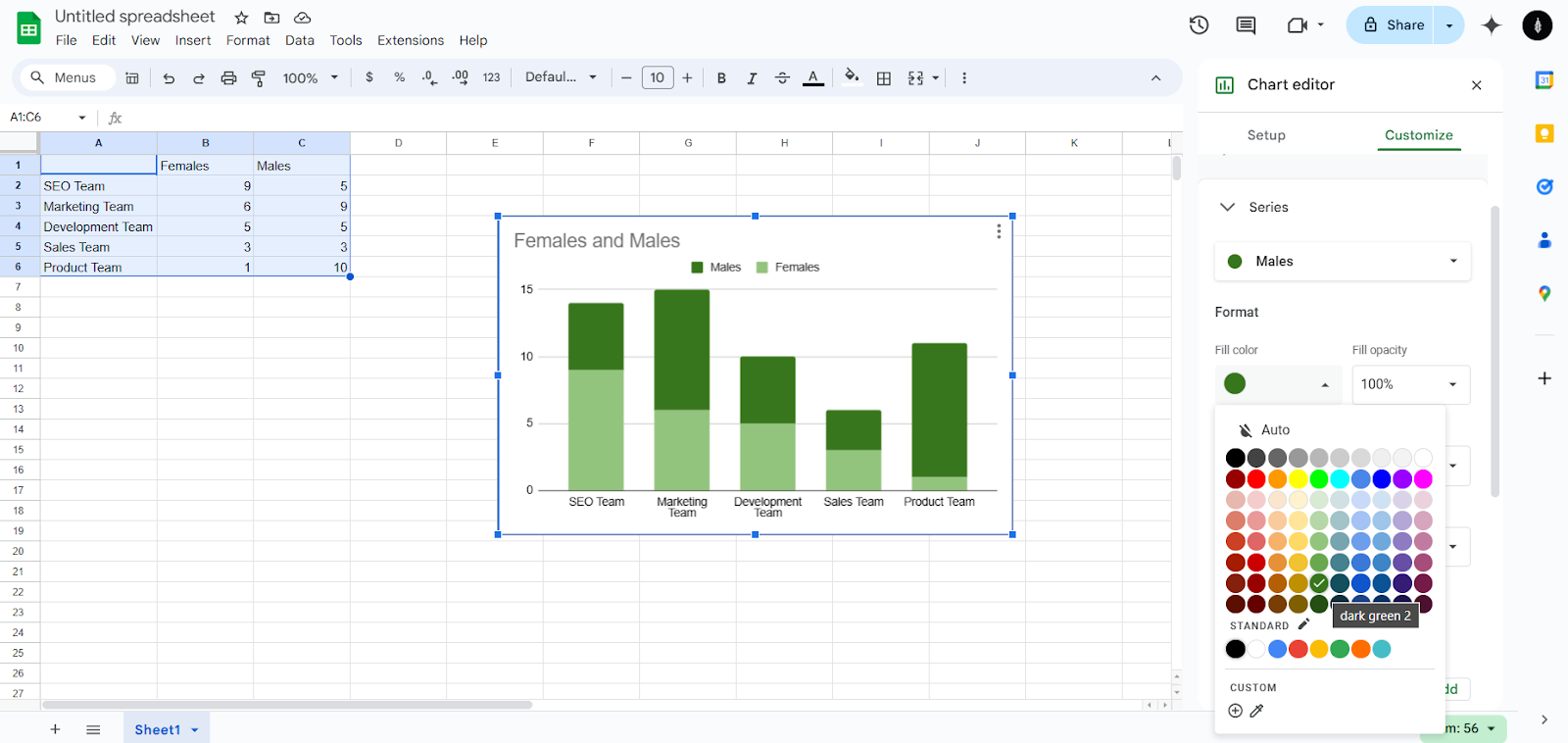 Langkah 6: Sempurnakan bagan batang bertumpuk Anda untuk membuat bagan batang bertumpuk di Google Spreadsheet