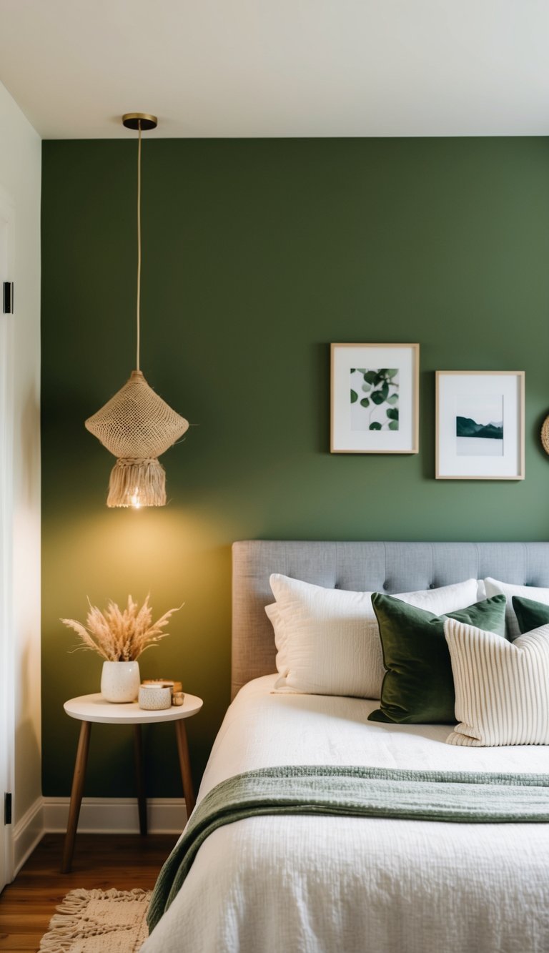 An olive green accent wall in a cozy bedroom with soft lighting and natural decor