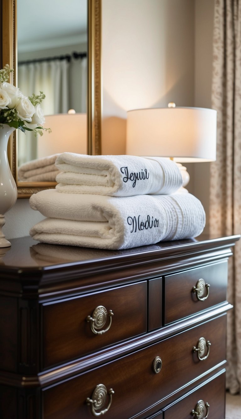 Personalized guest towels neatly folded on a polished wooden dresser in a cozy guest bedroom with soft lighting and elegant decor