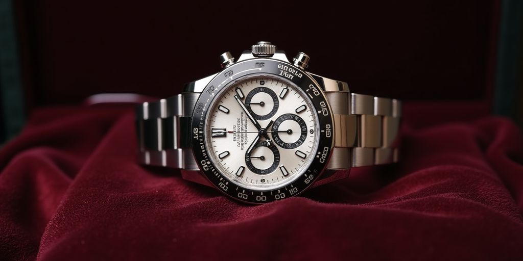 Close-up of a Rolex Daytona watch with silver dial.
