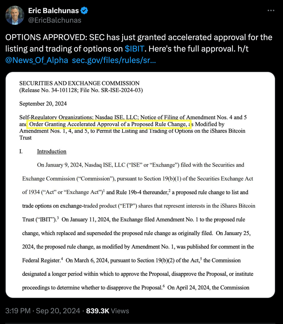 $IBIT SEC approved listing and trading of options on IBIT