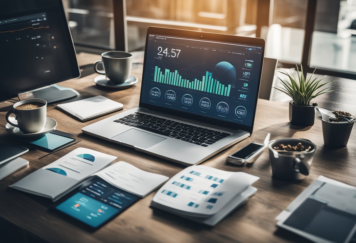 A laptop surrounded by various digital marketing tools and analytics charts, with a focus on search engine optimization strategies
