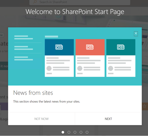 A screenshot of the SharePoint Start Page tutorial. It highlights a section displaying news from connected sites, with options to continue the tutorial or skip it.