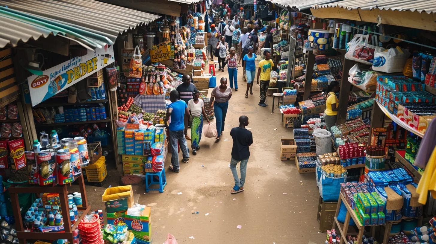 a bustling urban marketplace in liberia, featuring consumers engaging with loyal brands, showcasing vibrant product displays and interactions that highlight trust, service quality, and brand consistency in a competitive environment.