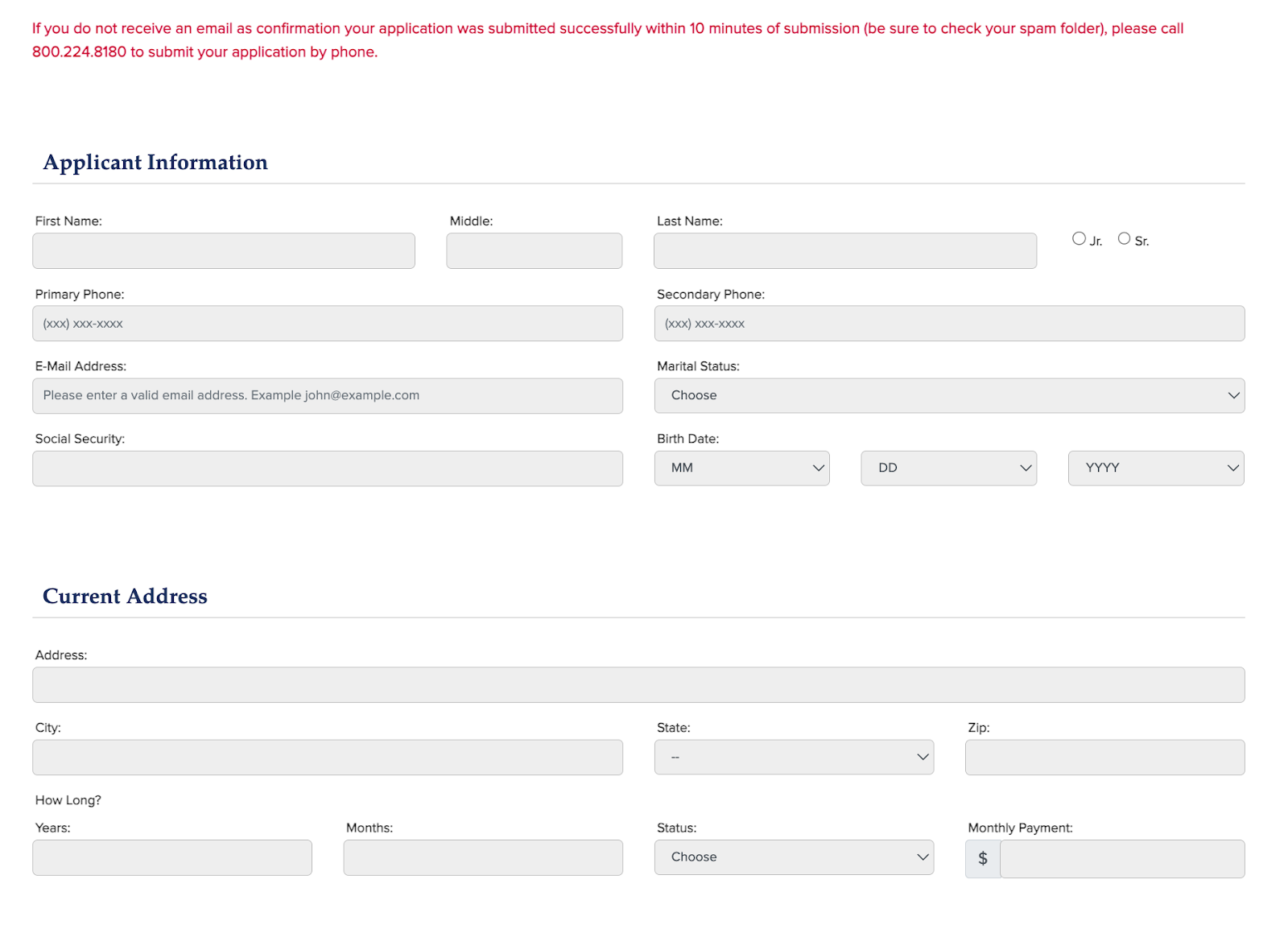 A screenshot showing CCL's application process in which it requests applicant information such as SSN and address.