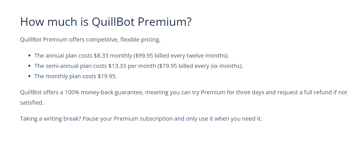 Pricing Plans for QuillBot