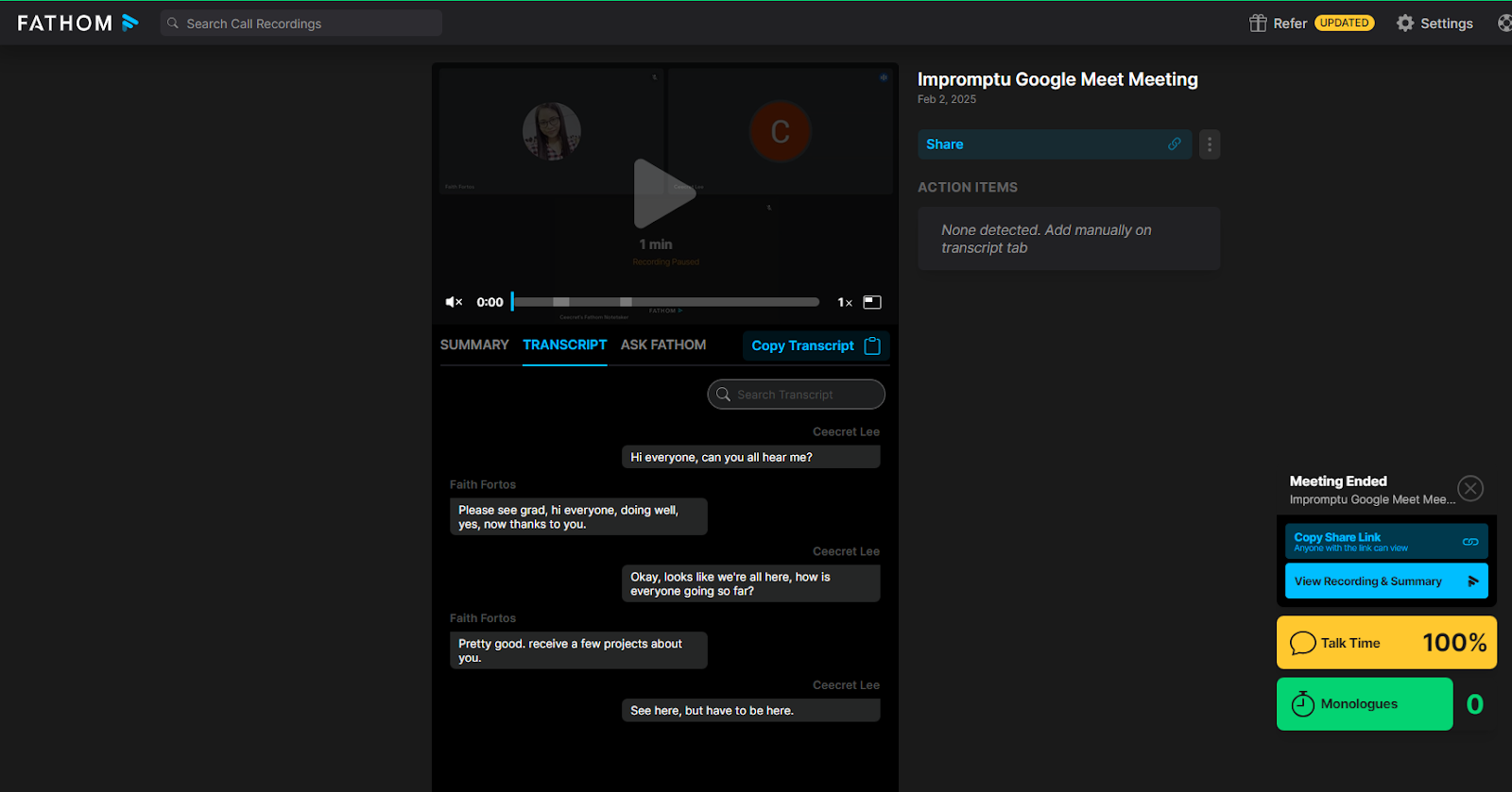 Fathom meeting transcript with speaker identification and options to copy or search.