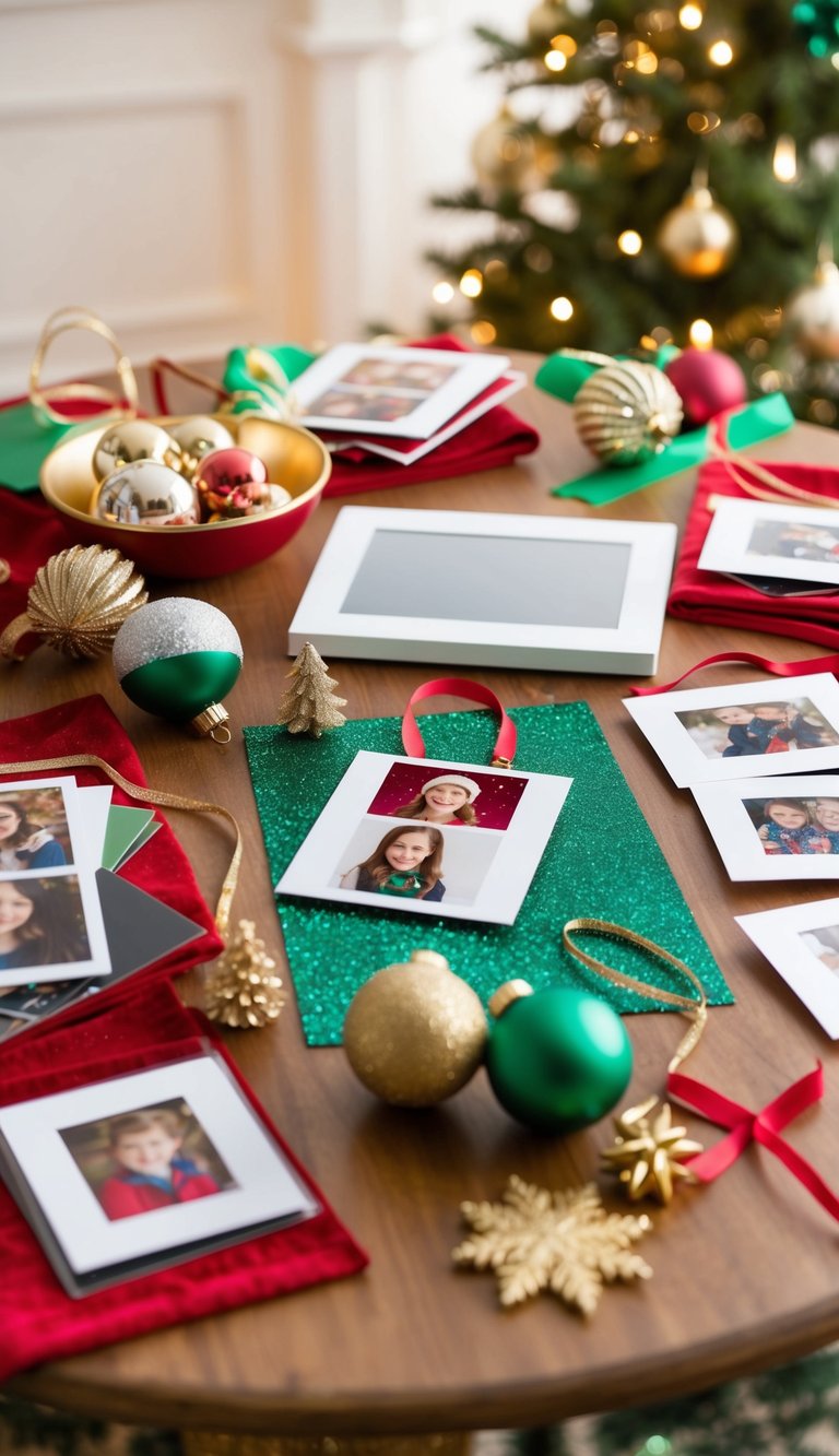 A festive table with various craft supplies, including photos, glitter, and ribbons, set up for making personalized photo ornaments