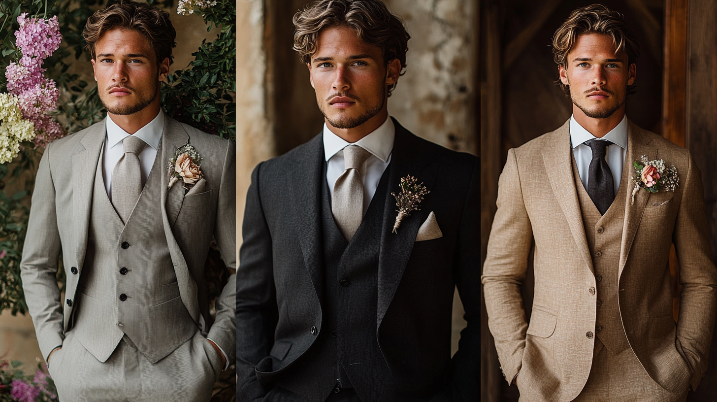 Three image, different scenes, different suit, different location, different sentence. First image, full-body shot man wearing light-grey suit, he is in the garden. Second image, full-body shot man wearing black suit, he is in the elegant and luxury ballroom. Third image, full-body shot man wearing light-brown suit, he is in the barn.