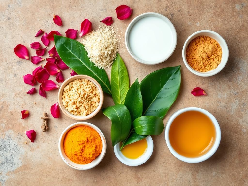 Natural bath ingredients including herbs, flowers and powders