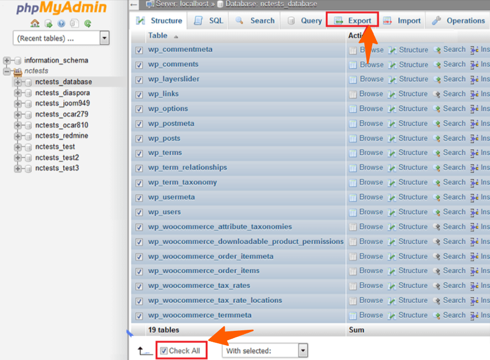 Exporting database from PHPmyAdmin area 