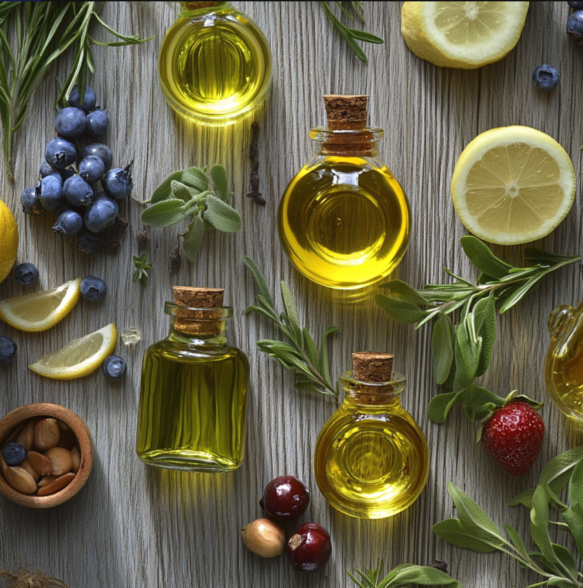 A range of various natural oils and products. Featured in the blog Luscious Locks: How Body Oil Can Transform Your Hair Care Routine