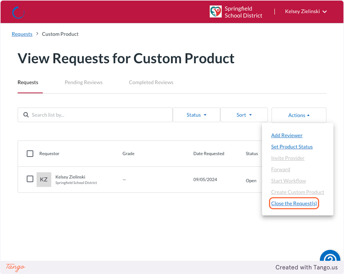 To close the request, drill down into the product and select 'Close the Request(s)' from the Actions menu.