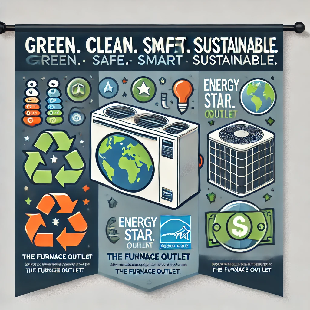 Quiet HVAC banner showing bedroom with AC unit and a sound level meter; soft tones and the phrase: “Quiet. Simple. Strong. Cool. Reliable.” with The Furnace Outlet brand.