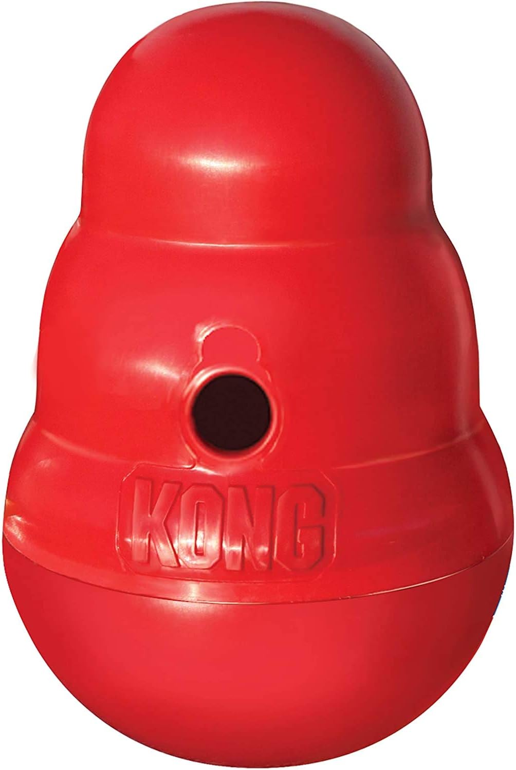 Red KONG Wobbler dog toy on a white background.