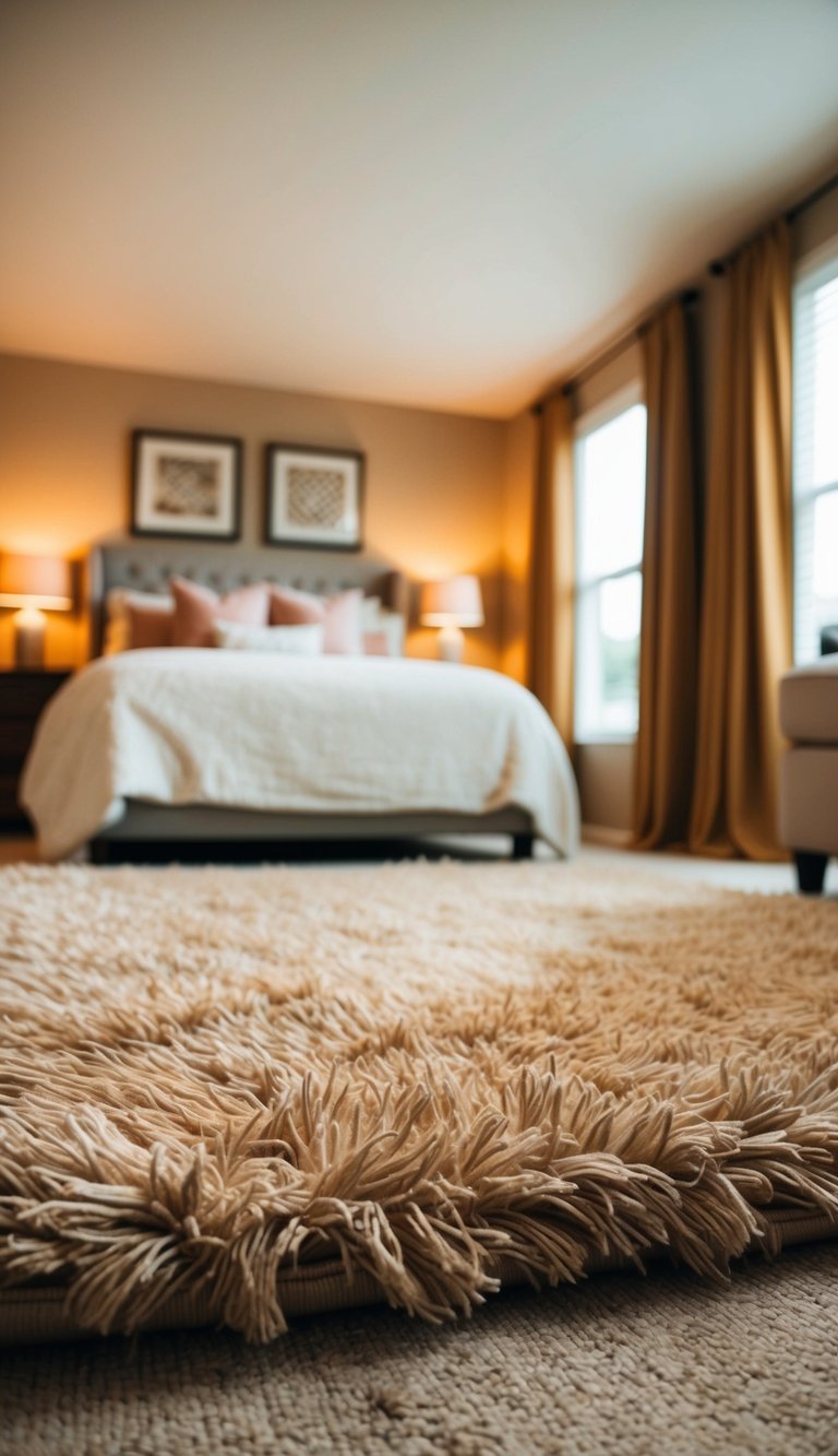 A fluffy area rug sits in the center of a cozy bedroom, surrounded by warm, inviting decor