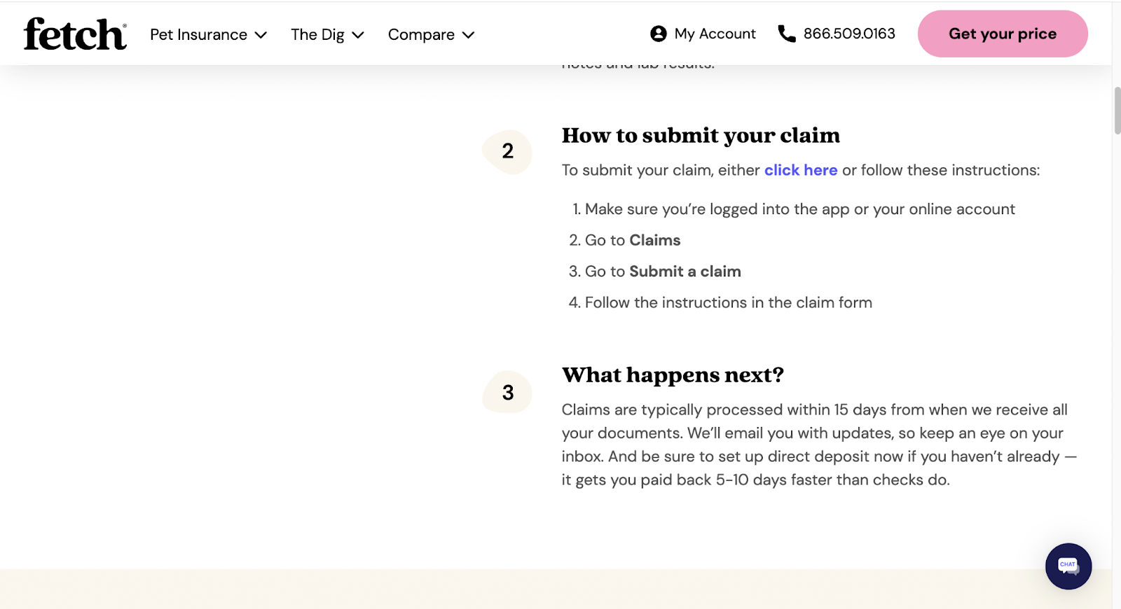 Fetch's directions for how to submit a claim and what happens next.