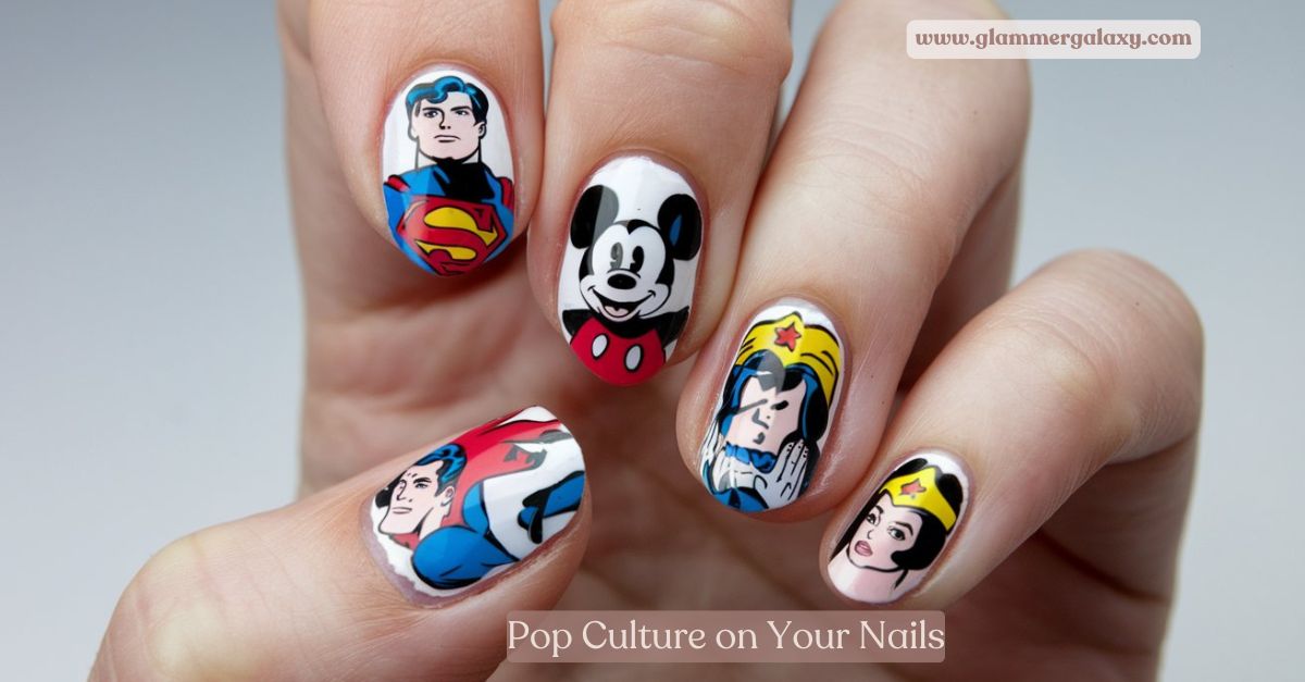 Hand with nails painted with minimalist superhero and cartoon character designs.