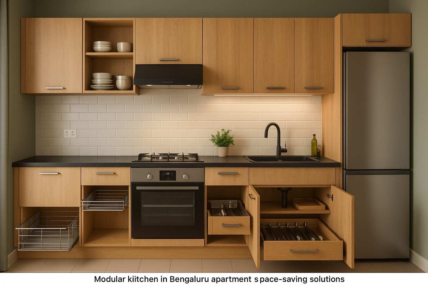 Space-efficient Vastu modular kitchen design for Bengaluru apartment by Elegante Interiors
