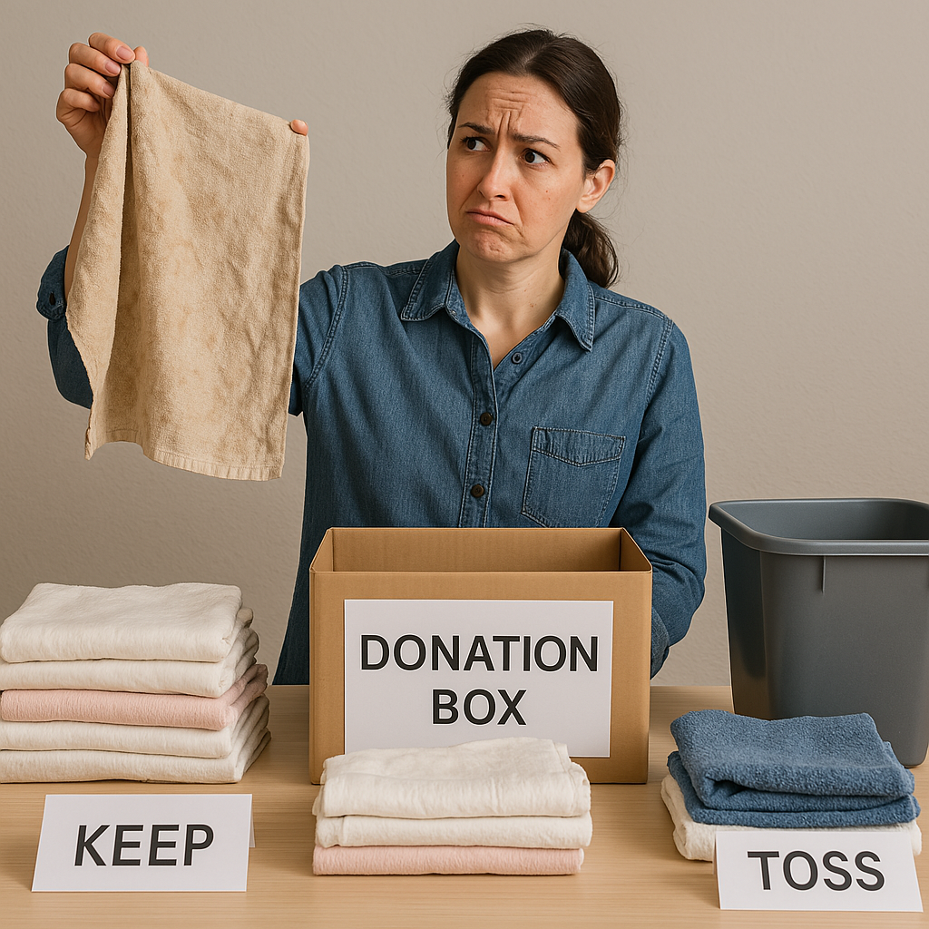 Thumbnail Image A person holding up an old towel with a questioning look, next to a donation box and a trash bin. Other linens are being sorted into keep, donate, and toss piles.