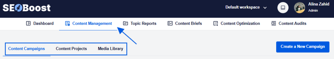 A snapshot of SEOBoost’s Content Management feature showing the 3 different features available for campaign management