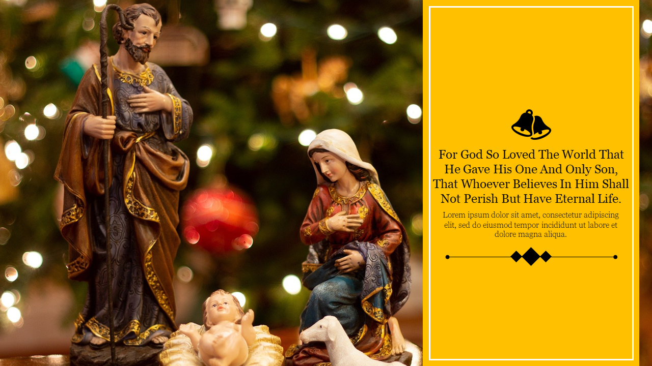 Nativity scene with statues of Joseph, Mary, and baby Jesus on the left, paired with a yellow background and a Bible verse.