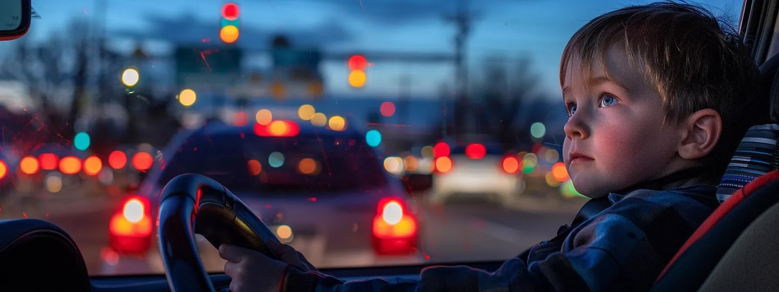 a driver in oklahoma, following speed limits with a child in a properly secured safety seat, navigating through traffic with a focus on safety and compliance.