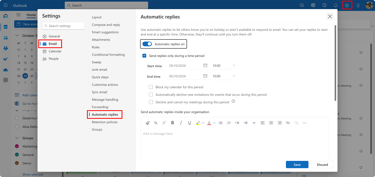 Pic. 15. Configuring automatic replies in OWA.